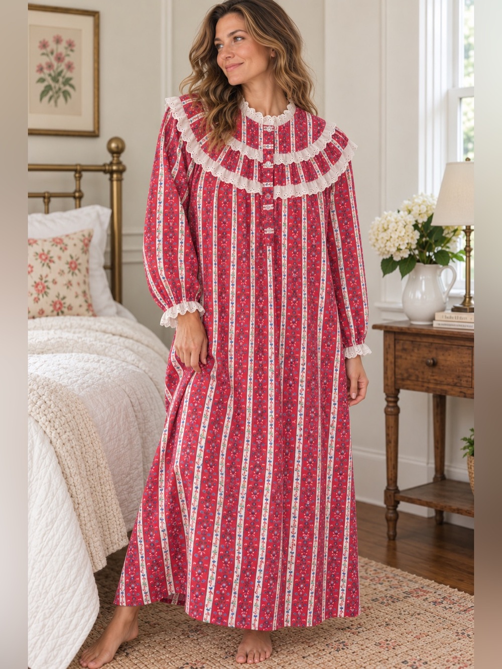 Vintage 1980s Lanz of Salzburg Floral Prairie Nightgown Large Cotton USA